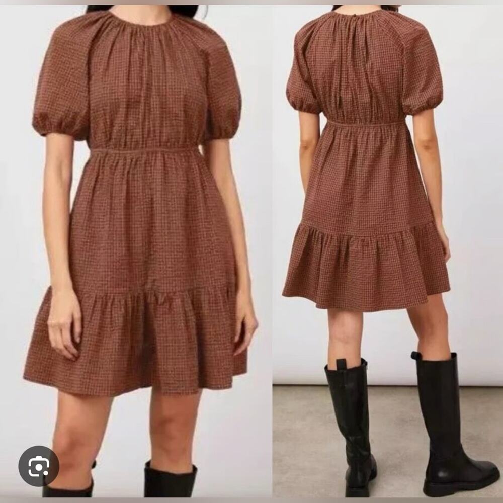 RAILS Brown Black Plaid Seersucker Cotton Khloe Russet Gingham Flounce Dress L